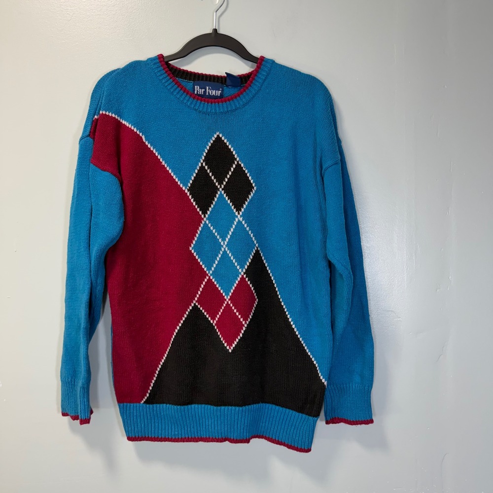 Vintage Par Four Argyle Crewneck Sweater Blue Red Black Medium